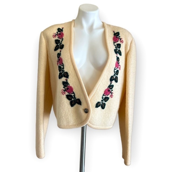 BRANDON Vintage Pure Virgin Wool Cropped Floral Embroidered Cardigan Size M - Picture 3 of 10